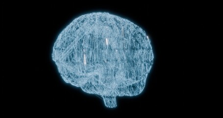 Neon blue digital brain structure formed by intricate lines on a black background with copy space for modern and futuristic neuroscience design concepts