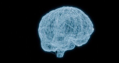 Intricate neon blue digital brain structure on a black background with copy space for modern and futuristic neuroscience designs