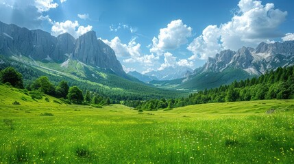 Obraz premium Panoramic Landscape with Green Field, Sky, and Mountains