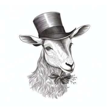 recommend clip art: Black and white Vintage engraved art of a goat with a bowler hat, isolated on white background, ink sketch illustration, simple vector art design, highly detailed line art, high contrasty