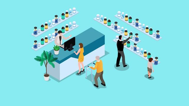Pharmacist doctor and patients in the drugstore isometric 3d