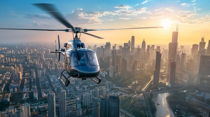 A Helicopter Flying Over a City With Buildings and a River in the Background - Generative AI