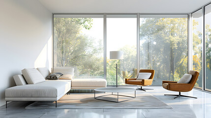 Stylish modern living room with contemporary furniture, decor, and large windows letting in natural light, highlighting interior design trends.


