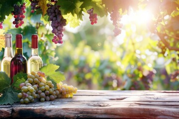 A serene vineyard scene showcasing bottles of wine on a rustic wooden table. Beautiful sunlight filters through grapevines. Ideal for wine-related promotions and designs. Generative AI