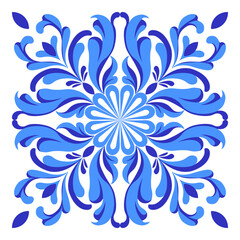 Italian ceramic blue and white tile design. Mediterranean porcelain pottery. Ethnic folk ornament. Mexican talavera, portuguese azulejo, spanish majolica, arabesque motif. Vector illustration.