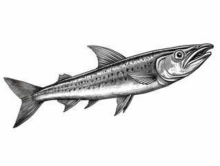 Black and white Vintage engraved art of a barracuda isolated on white background, ink sketch illustration, simple vector art design, highly detailed line art, high contrasty