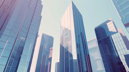 Naklejka premium A futuristic skyscraper with a sleek, reflective glass facade rising against a clear blue sky, showcasing modern urban architecture and advanced design