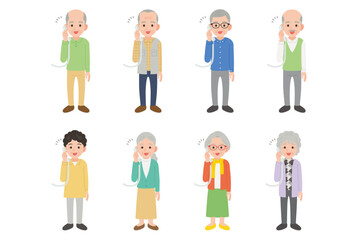 固定電話で通話するシニア　男女笑顔セット