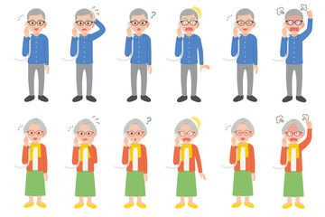 Naklejka premium 固定電話で通話するシニア 男女表情セット