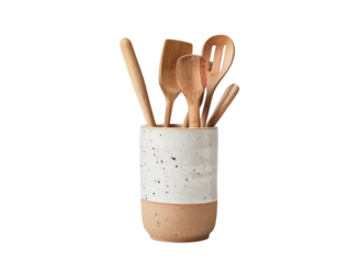 A stylish kitchen utensil set with wooden handles in a speckled ceramic holder. Ideal for modern kitchens. Home cooking essentials.