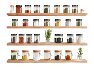 Organized spice jars on wooden shelves displaying various seasonings and herbs in a neat and tidy kitchen setting.