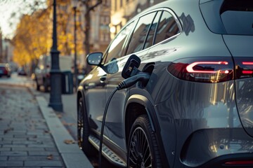 An electric vehicle is parked on a city street in autumn, symbolizing urban sustainability. This sleek EV showcases futuristic technology and clean energy practices, promoting ecofriendly solutions