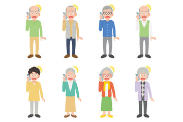 スマホで通話するシニア　男女　驚いた表情セット