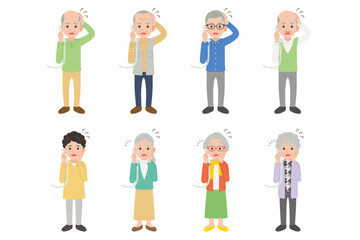 固定電話で通話するシニア　男女　困った表情セット