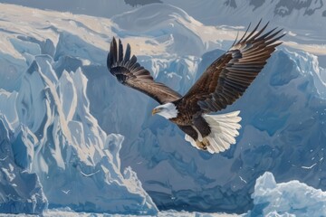 Bald Eagle (Haliaeetus leucocephalus) flying over icebergs