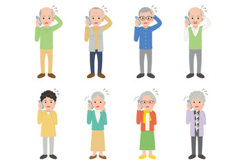 スマホで通話するシニア　男女　困った表情セット