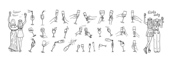 Fototapeta premium Large set of hands with champagne glasses, wine glasses, champagne bottles. Cheers. Alcoholic drinks. Great for bar menu, holiday, wedding, celebration. Girlfriends. Bachelorette party. Doodle