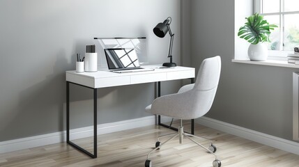 Home office with a minimalist white desk, sleek chair, and a laptop