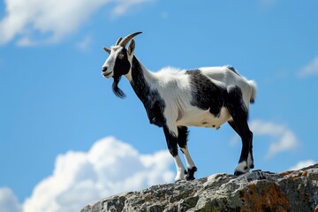 black and white goat standing on a rocky outcrop against a blue sky - side profile