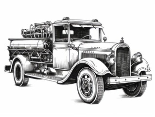 Black and white Vintage engraved art of a retro fire truck isolated on white background, ink sketch illustration, simple vector art design, highly detailed line art, high contrasty