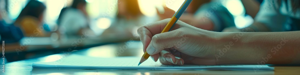Poster in an academic environment, a student is diligently writing in a classroom using a yellow pencil. th