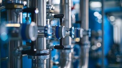 Intricate details of a reverse osmosis unit filtering water, with a focus on the pure water output, ideal for illustrating water purification processes