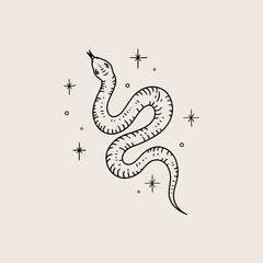 Card with snake and stars. Hand drawn illustration in sketch style.