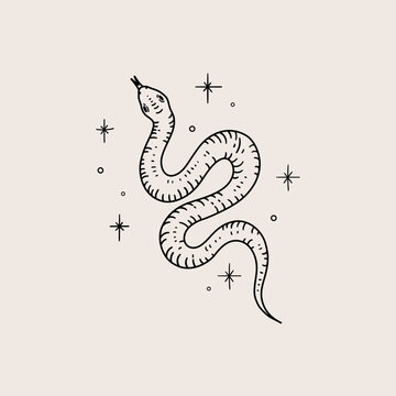 recommend clip art: Card with snake and stars. Hand drawn illustration in sketch style.