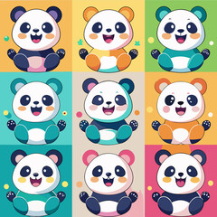 A repeating pattern featuring cartoon pandas in pastel colors.
