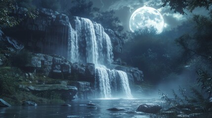 A Full Moon Shining Over a Waterfall in a Forest With Trees and Rocks in the Background - Generative AI