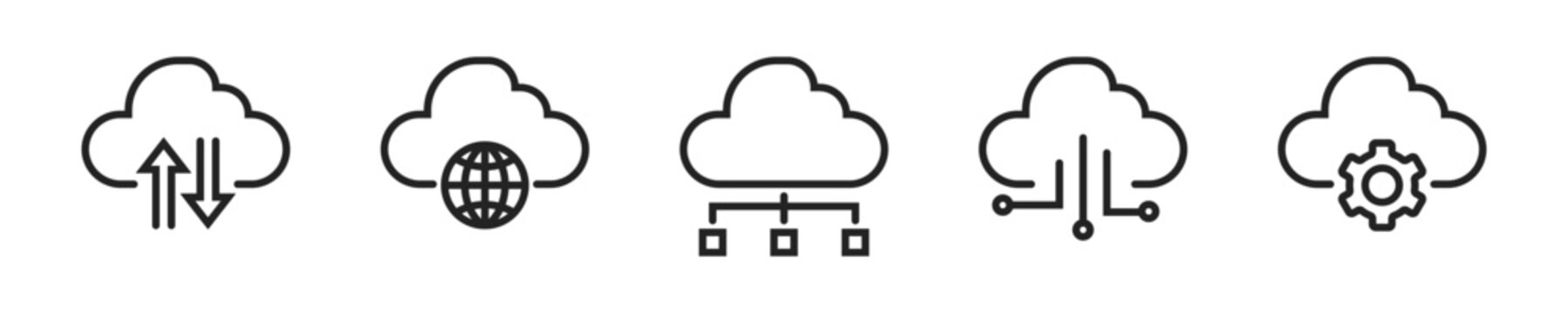 Cloud computing web icon set. Set of 5 outline icons related to cloud technology, data center, connection network, digital service, database platform. Linear icon collection.