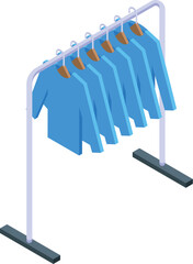 Metal rail clothes rail with hangers holding blue shirts isometric icon isolated on white background