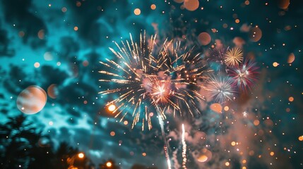 New Years Eve Fireworks on Dark Blue Sky