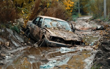 An abandoned, dirty car flipped upside down in a rural ditch, with golden sunrise light.