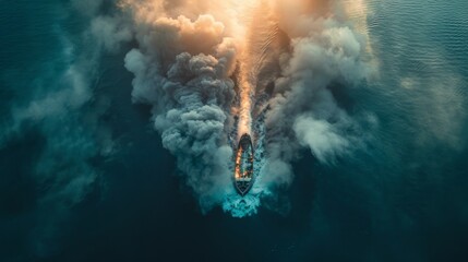 Fototapeta premium A Large Boat in the Middle of a Body of Water With Smoke Coming Out of It - Generative AI
