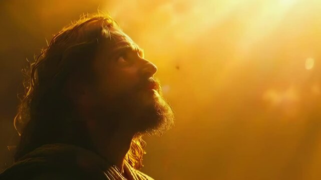 Video Recreation of a man as Jesus Christ watching ray lights