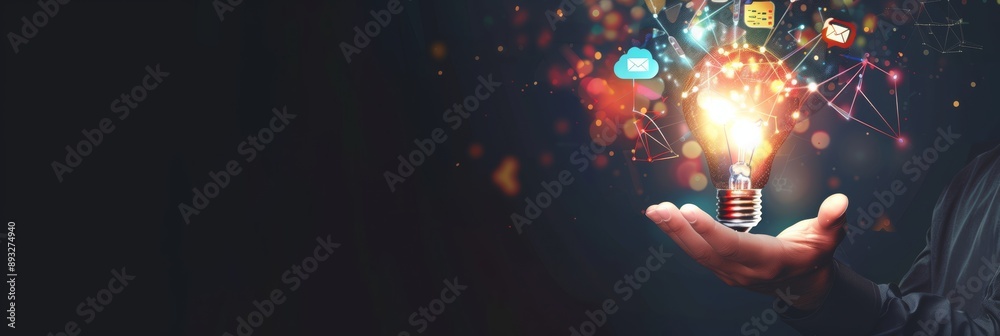 Poster futuristic technology concept with a light bulb and digital elements, symbolizing innovation and tec