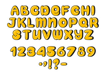 Cartoon Bubble Alphabet. Vibrant plump font featuring uppercase letters, numbers, and punctuation in bright yellow color. Perfect for childrens designs, party invitations, logos, and typography.