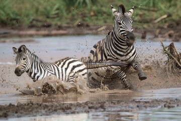 Crocodile attempting to catch Burchell's zebra