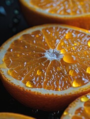 Vivid Macro Photography of Fresh Orange Slices with Dripping Juice Captured in High Detail