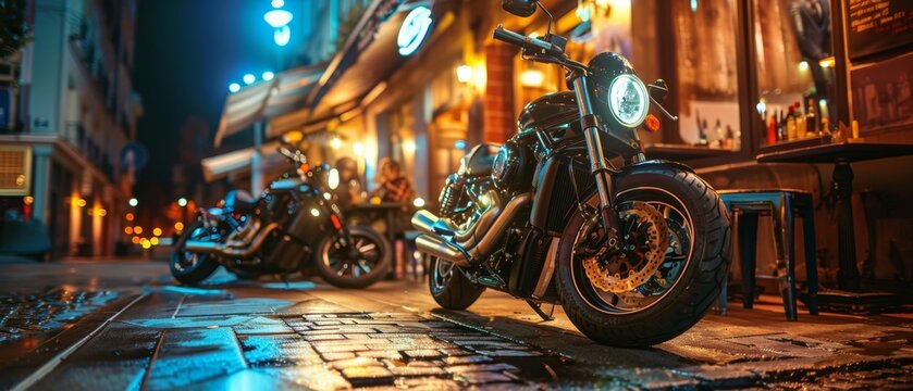 Nighttime street scene with a vintage bar, neon signs, and motorcycles parked outside, creating a retro urban atmosphere.
