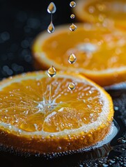 Vivid Macro Photography of Fresh Orange Slices with Dripping Juice Captured in High Detail