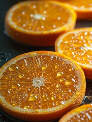 Vivid Macro Photography of Fresh Orange Slices with Dripping Juice Captured in High Detail