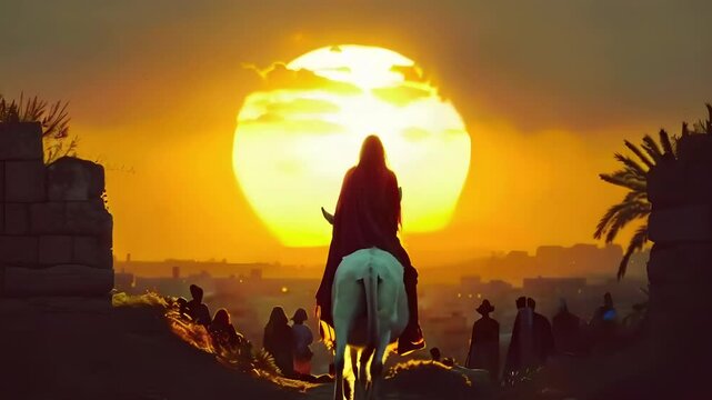 Video Recreation of Jesus riding a white donkey entering to Jerusalem with the sundown