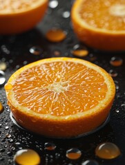 Vivid Macro Photography of Fresh Orange Slices with Dripping Juice Captured in High Detail