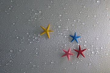 Top angle view of four dried starfish with blue, red and yellow color on gray floor with with water drop, South Korea
