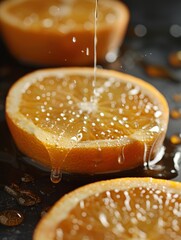 Vivid Macro Photography of Fresh Orange Slices with Dripping Juice Captured in High Detail