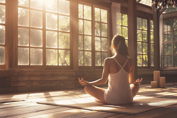 photo of a woman doing yoga in a sunny yoga studio with plants for meditation