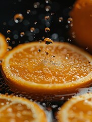Vivid Macro Photography of Fresh Orange Slices with Dripping Juice Captured in High Detail