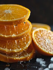 Vivid Macro Photography of Fresh Orange Slices with Dripping Juice Captured in High Detail